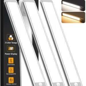 Under Cabinet Lighting Wireless, 15inch Rechargeable Motion Sensor Light Indoor, 3 Color Closet Light Battery Operated with LED Power Display, Magnetic Under Counter Lights for Kitchen, Home (3Pack)