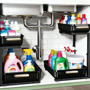Under Sink Organizer - 2 Packs Multi-Purpose Pull-Out Storage Organizers, Slide out Pull out Cabinet Organizer Shelf, Storage for Kitchen Bathroom, Black