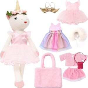 Unicorn Doll Stuffed Animal Toys for Girls - Ballerina Doll | Plush Carrier Bag | 3 Set Cloth Accessories, Kids Pretend Play Crochet Gifts, Birthday Gift for 3 4 5 6 Year Old Little Girl Unicorn Toys