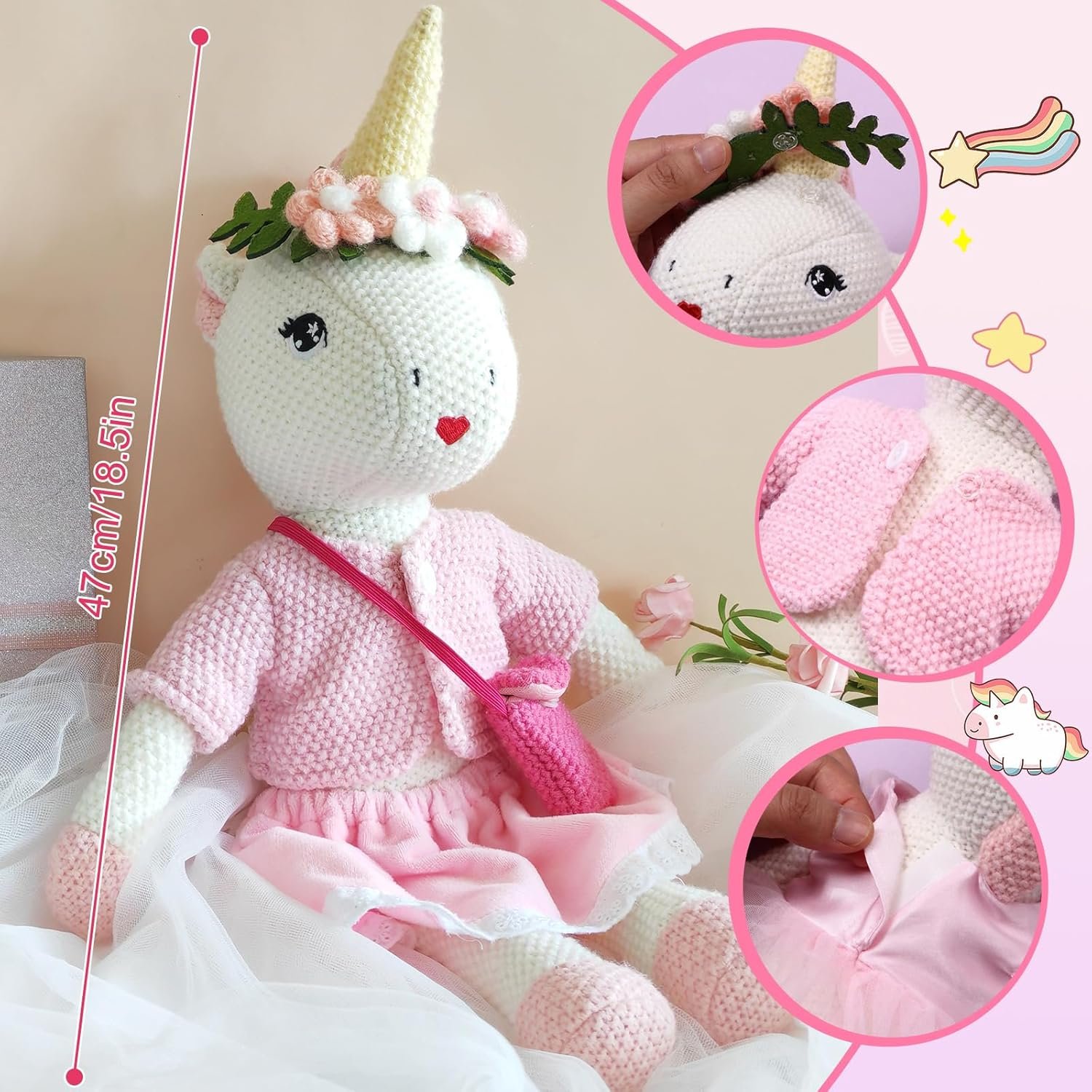 Unicorn Doll Stuffed Animal Toys for Girls - Ballerina Doll | Plush Carrier Bag | 3 Set Cloth Accessories, Kids Pretend Play Crochet Gifts, Birthday Gift for 3 4 5 6 Year Old Little Girl Unicorn Toys - Image 2