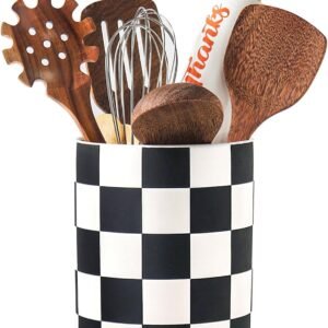 Utensil Holder，7.2 Inch Checkered Utensil Holder, Ceramic Cooking Utensil Spoon/Spatula Holder for Countertop, Kitchen Decor and Accessories for counte(Black)