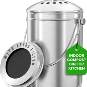 Utopia Kitchen Indoor Compost Bin Kitchen, Odorless Composting with Charcoal Filter, 1.3 Gallon Stainless Steel Large Composter for Countertop & Under Sink, Easy Cleaning, One Extra Filter - (Silver)