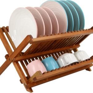 Utoplike Teak Dish Drainer Rack Collapsible 2 Tier Dish Rack Dish Drying Rack Foldable Plate Organizer Holder for Kitchen Compact