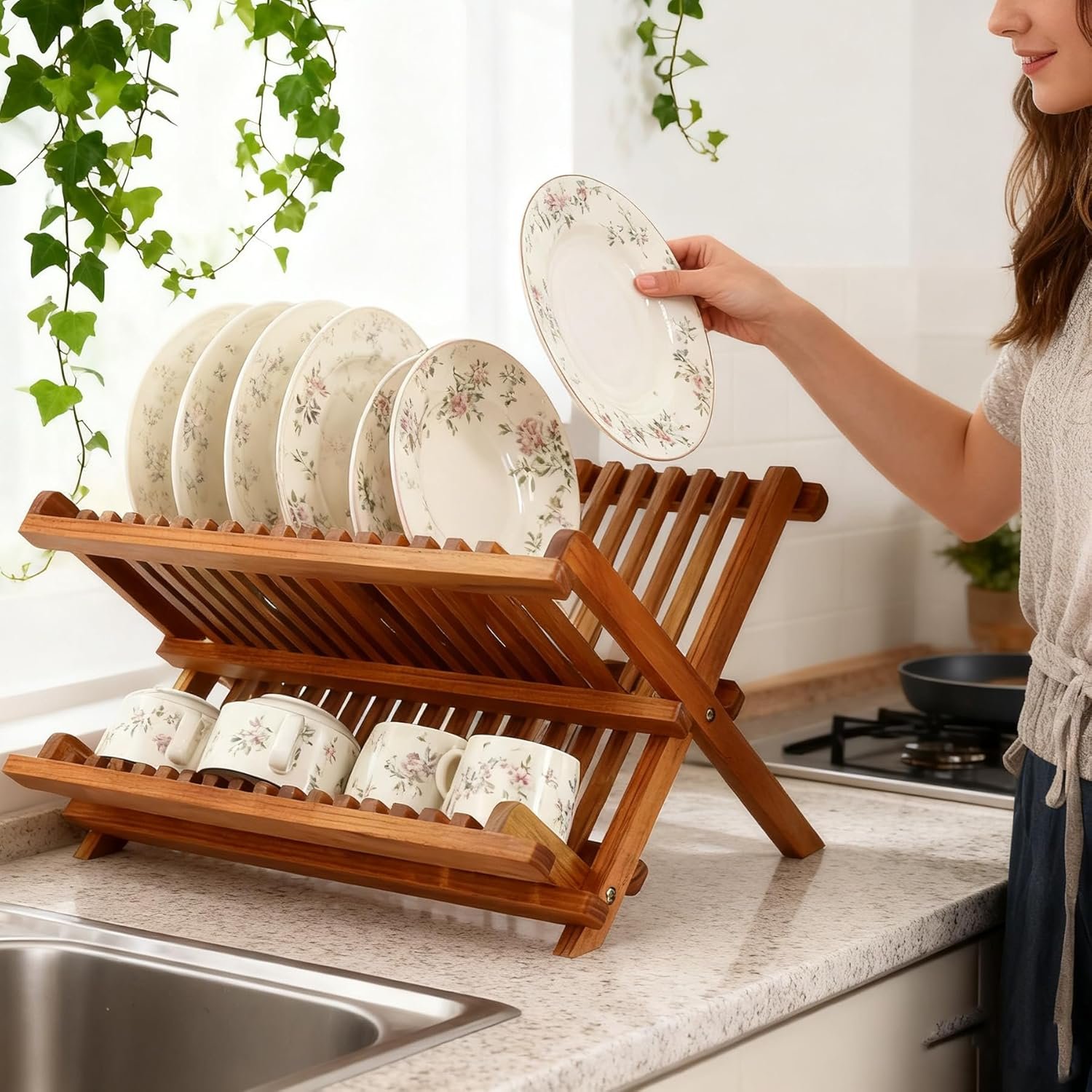 Utoplike Teak Dish Drainer Rack Collapsible 2 Tier Dish Rack Dish Drying Rack Foldable Plate Organizer Holder for Kitchen Compact - Image 2
