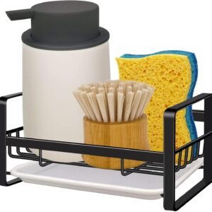 VANTEN Kitchen Sink Caddy Sponge Holder Organizer, Sink Tray Drainer Rack, Soap Dish Dispenser Brush Holder Storage Accessories - Countertop or Adhesive Wall Mount, Matte Black Stainless Steel
