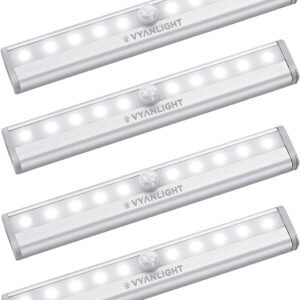 VYANLIGHT Under Cabinet Lighting – Motion Sensor Closet Lights, Battery Operated LED Strip Light Bar, Stick-On Wireless Indoor Lights for Kitchen, Pantry, Hallway, Stairs, 4 Pack