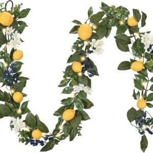 Valery Madelyn 6ft Pre-Lit Lemon Garland with Greenery, Thin Spring Summer Garland for Mantle with Lights, Artificial Fruit Vine for Stairs Fireplace Table, Farmhouse Kitchen Home Wall Party Decor