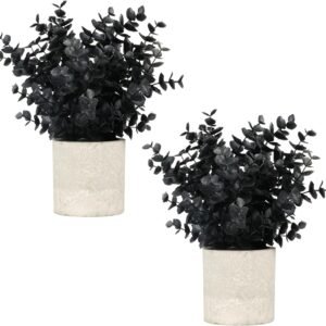 Velener 2 PCS Small Fake Eucalyptus Plant Artificial Potted Plants Indoor for Christmas Decor Indoor Realistic Faux Plant for Office, Bathroom, Living Room, Desk, Shelf, Home Decor (Black)