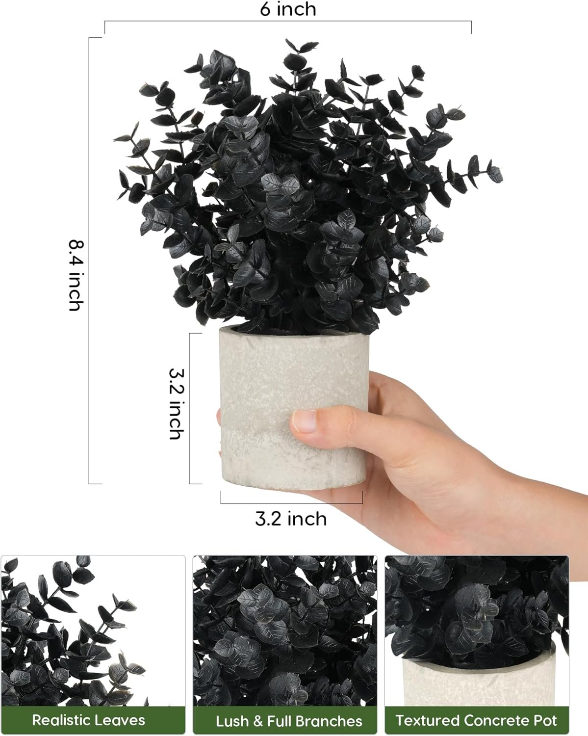 Velener 2 PCS Small Fake Eucalyptus Plant Artificial Potted Plants Indoor for Christmas Decor Indoor Realistic Faux Plant for Office, Bathroom, Living Room, Desk, Shelf, Home Decor (Black) - Image 2