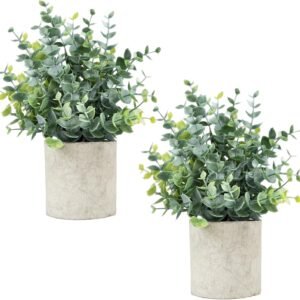 Velener 2 Pcs Small Fake Plants Eucalyptus, Artificial Plants Indoor for Shelf, Potted Eucalyptus Plants for Home/Bathroom/Pottery Barn/Desk/Farmhouse/Coffee Table Decor (Sage Green)
