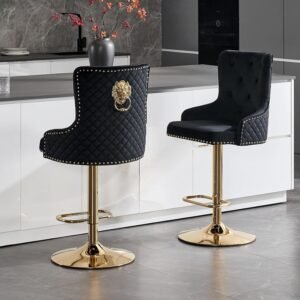 Velvet Gold Bar Stools Set of 2 Modern Counter Height Bar Stools with Lion Pull Ring Tufted Back, Nailhead Upholstered Barstools for Home Kitchen Island, Swivel Adjustable Stool Chair in Black