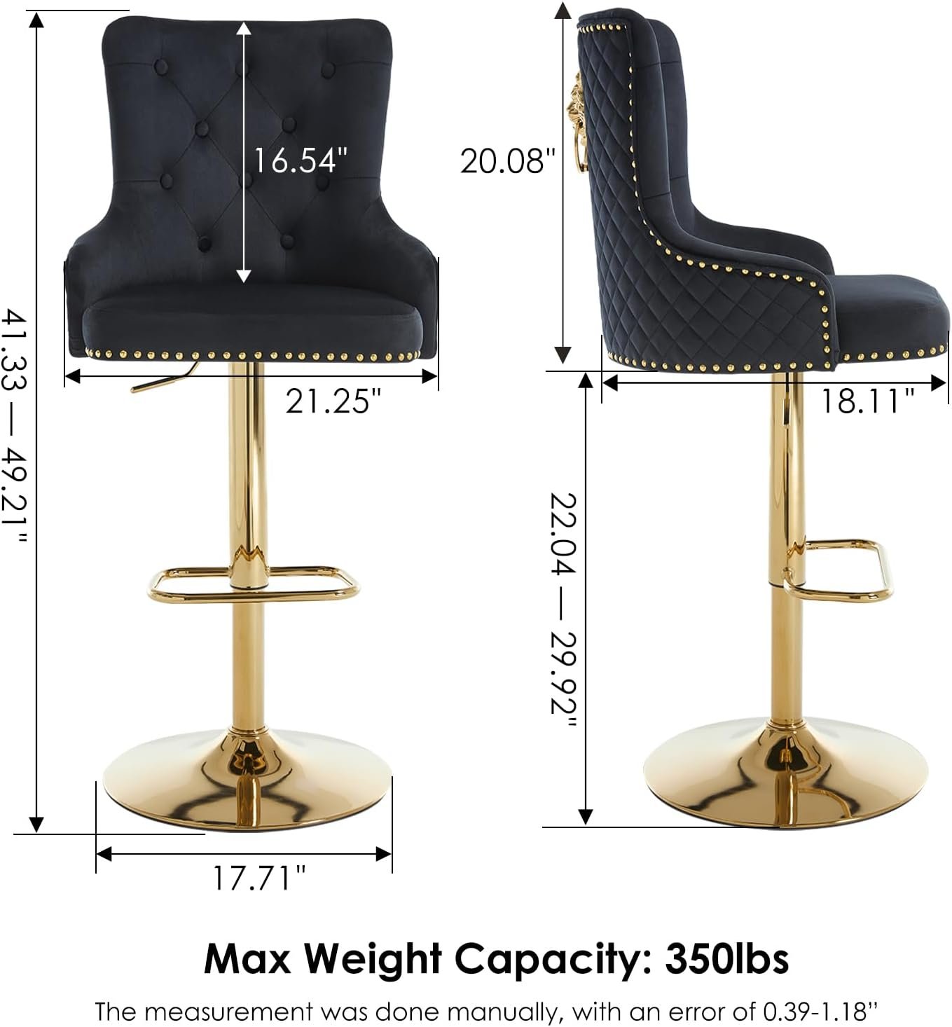 Velvet Gold Bar Stools Set of 2 Modern Counter Height Bar Stools with Lion Pull Ring Tufted Back, Nailhead Upholstered Barstools for Home Kitchen Island, Swivel Adjustable Stool Chair in Black - Image 2