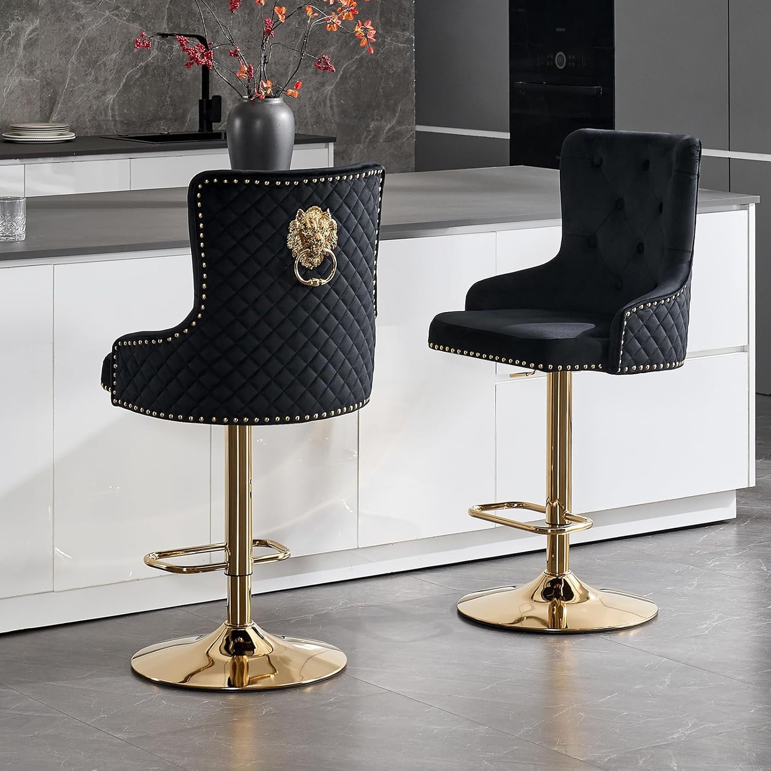 Velvet Gold Bar Stools Set of 2 Modern Counter Height Bar Stools with Lion Pull Ring Tufted Back, Nailhead Upholstered Barstools for Home Kitchen Island, Swivel Adjustable Stool Chair in Black