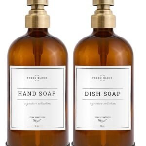 Vine Creations Amber Glass Soap Dispenser, 2 Pack Kitchen Soap Dispenser Set with Stainless Steel Pump, 16 oz Dish Soap and Hand Soap Dispensers for Bathroom with Waterproof Labels and Protective Pads