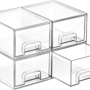 Vtopmart 4 Pack Small Clear Stackable Storage Drawers,Acrylic Bathroom Makeup Organizer,Plastic Storage Bins For Vanity, Undersink, Kitchen Cabinets, Pantry, Home Organization