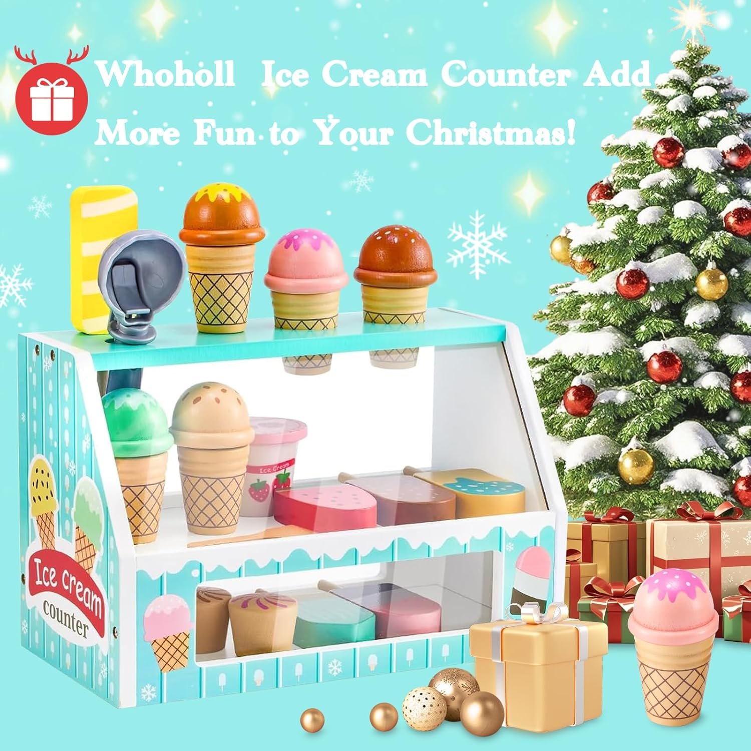 WHOHOLL Wooden Ice Cream Counter Playset for Toddler Girl Toys, Play Store Pretend Toy Food Play Kitchen Accessories with Fake Money & Coin, Christmas Birthday Gifts for 3+ Year Old Kids (Green) - Image 2
