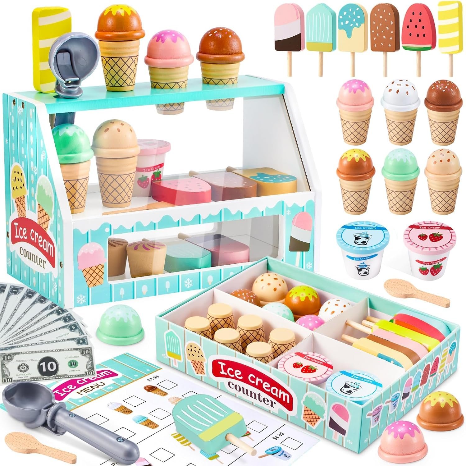 WHOHOLL Wooden Ice Cream Counter Playset for Toddler Girl Toys, Play Store Pretend Toy Food Play Kitchen Accessories with Fake Money & Coin, Christmas Birthday Gifts for 3+ Year Old Kids (Green)