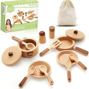 WHOHOLL Wooden Play Kitchen Accessories, Pretend Toys Pots and Pans Cooking Set for Toddlers 3 4 5 6, Kids Kitchen Playset with Plates and Dishes, Christmas Birthday Gifts for Girls Boys