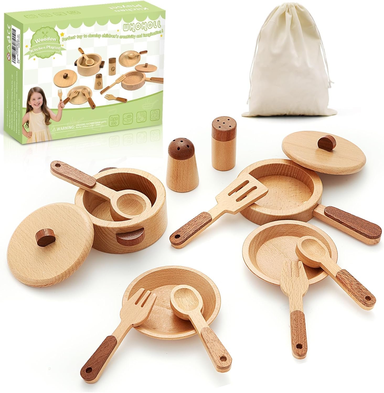 WHOHOLL Wooden Play Kitchen Accessories, Pretend Toys Pots and Pans Cooking Set for Toddlers 3 4 5 6, Kids Kitchen Playset with Plates and Dishes, Christmas Birthday Gifts for Girls Boys