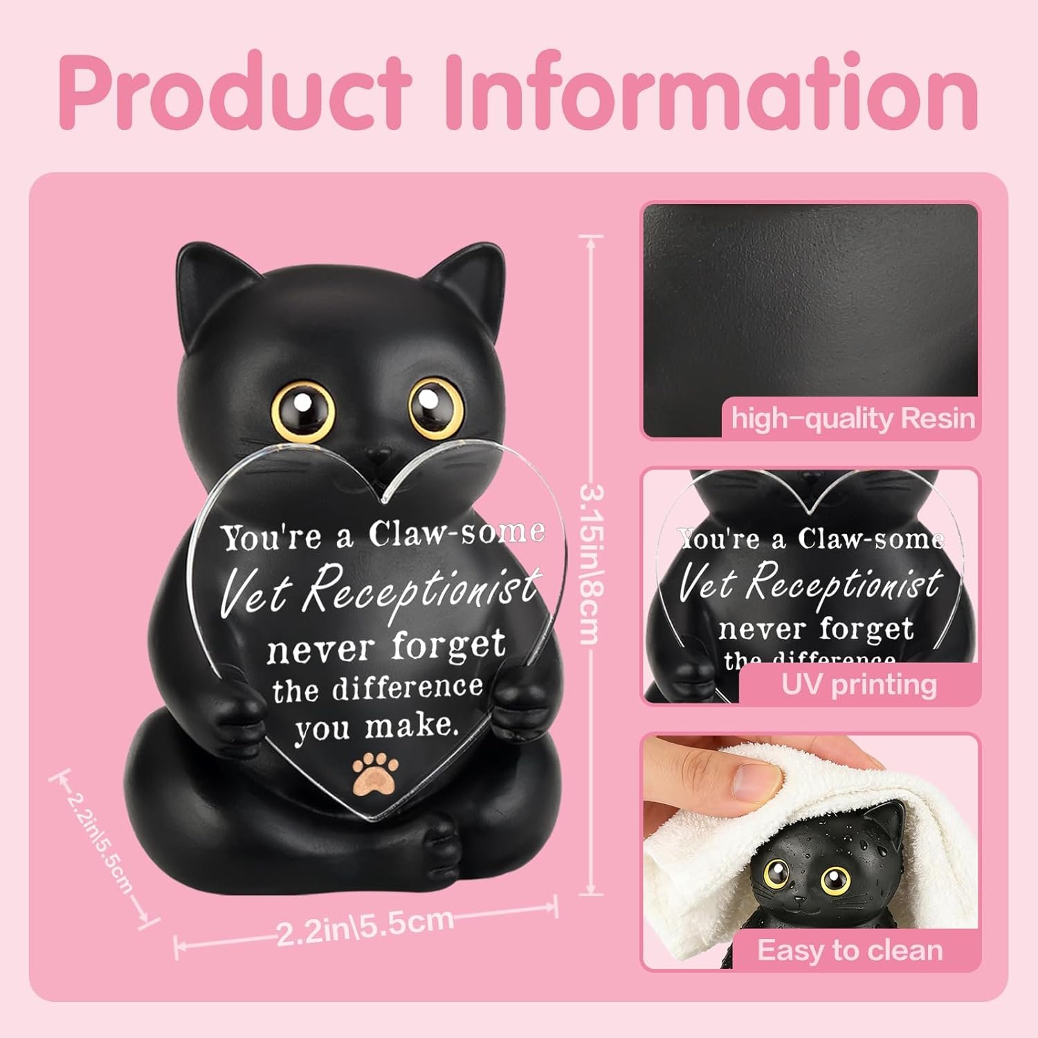 WINOESHE Veterinary Receptionist Appreciation Black Cat Figurine, Vet Clinic Front Desk Thank You Gift, Animal Hospital Staff Recognition Present, Pet Care Office Encouragement Desk Decor, HDS24 - Image 2