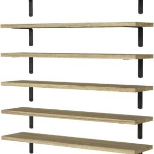 WOPITUES Wood Floating Shelves Set of 6, 24 inch Long Floating Shelves for Wall Decor, Farmhouse Shelf for Bedroom, Bathroom Storage Shelves, Book Shelves for Living Room - Rustic Brown