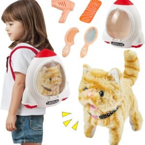Walking Cat Toy for Kids with Backpack,Electronic Pet Puppy W/Walking&Barking,Interactive Plush Stuffed Toys,Puppy Pet Care Gifts for Girls Boys Toddlers 3 4 5 Year Old Boys