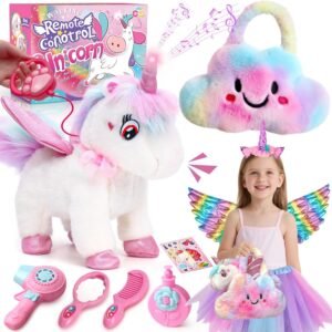 Walking Talking Remote Control Unicorn Toy for Girl Age 4-6, Electronic Interactive Plush Unicorn with Leash & Costume, Pretend Play Pet Care Toy Birthday Gift for Toddler Kid Girl Age 3 4 5 6 7