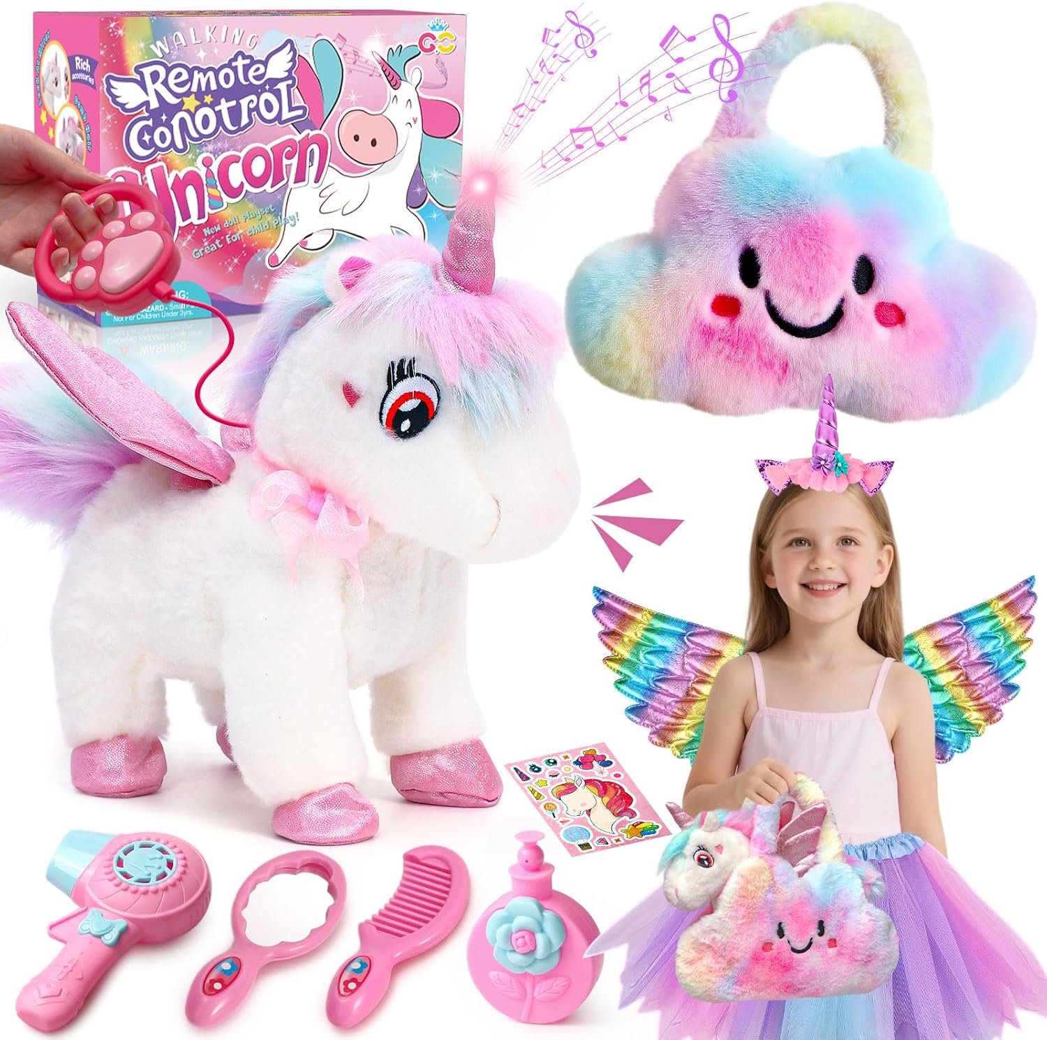 Walking Talking Remote Control Unicorn Toy for Girl Age 4-6, Electronic Interactive Plush Unicorn with Leash & Costume, Pretend Play Pet Care Toy Birthday Gift for Toddler Kid Girl Age 3 4 5 6 7