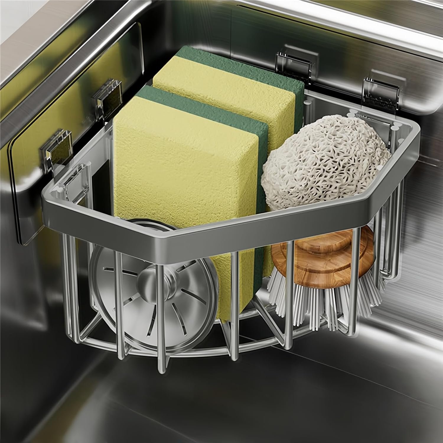 Wall Mounted Sink Caddy Organizer, Carbon Steel Kitchen Sponge Holder with 2 Adhesive Hooks, Triangular Drain Rack, 5.27x5.27x3.54 Inch (Grey)