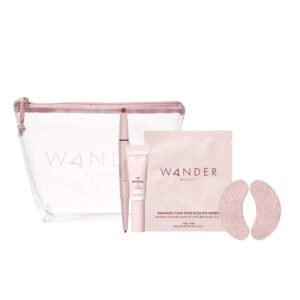 Wander Beauty Love at First Flight Bundle, Makeup Set with Rose Gold Eye Masks, Lip gloss, Lipsetter Dual Lipstick and Liner, Travel Bag