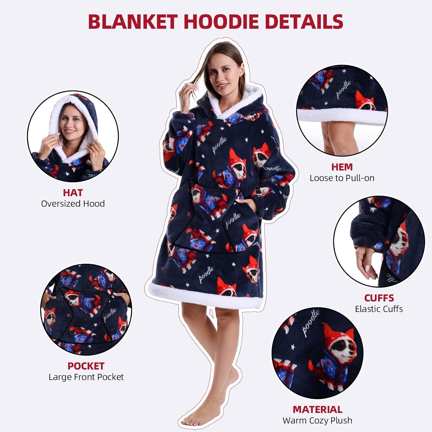 Wearable Blanket Oversized Hooded Blanket for Women Sweatshirt Warm and Cozy Christmas Birthday Gifts with Pet Print Plush Medium Poodle - Image 2