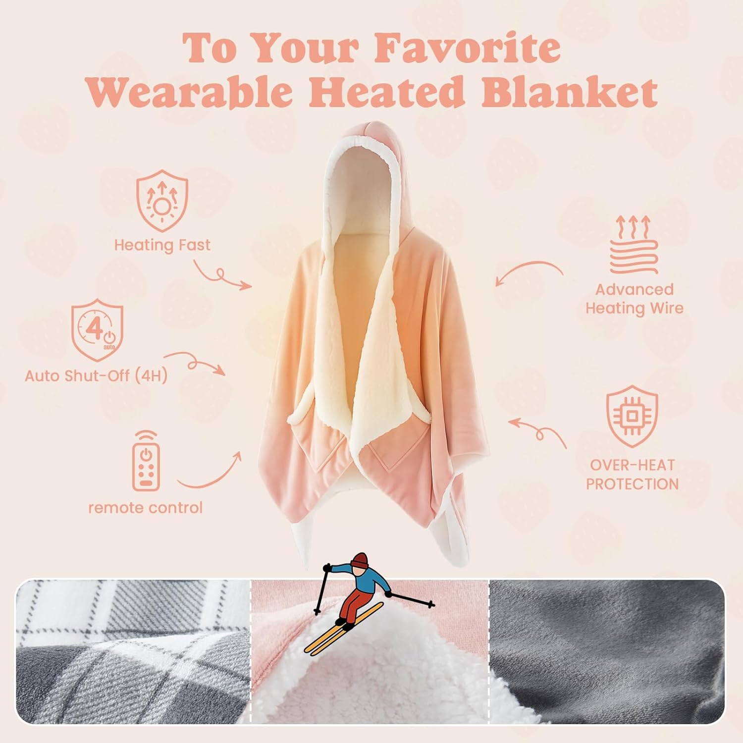 Wearable Heated Blanket - Warm Up Electric Blanket Hoodie with 6 Heat Levels, Snuggies for women, gifts for her, 50"x70", Pink - Image 2
