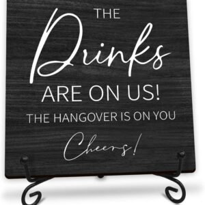 Wedding Bar Wooden Sign - 5" Wooden Decoration The Drinks Are On Us Cheers Plaque - Farmhouse Tabletop Home Bar Party Decor - Gifts For Family & Friends(Black) - A03