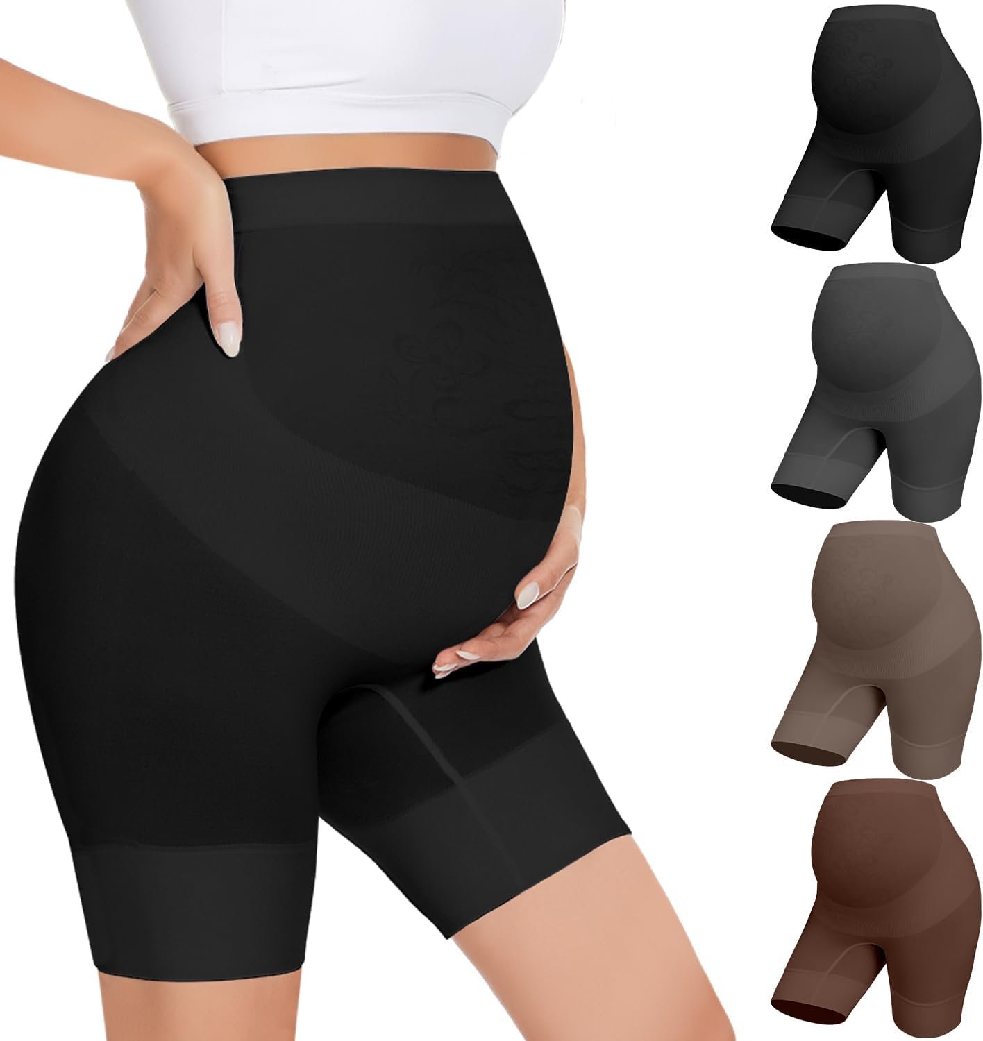 Womens Maternity Shapewear for Dresses, High Waisted Pregnancy Underwear Over Bump Belly Support Shorts 4-Pack