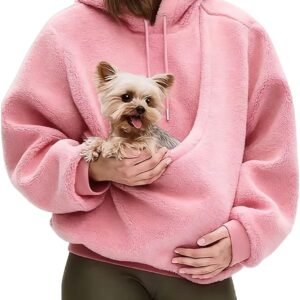 Womens Pet Pouch Hoodie Fuzzy Fleece Sweatshirt Kangaroo Pouch Pet Care Hoodie Puppy Kitten Cat Carriers Pullover