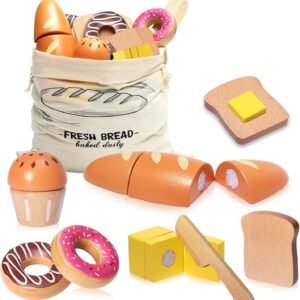 Wooden Bakery Playset Food Toys, Kids Pretend Play Food Baking Set Kitchen Accessories with Storage Bag, Pretend Play Bread Cutting Food for Boys Girls 3+