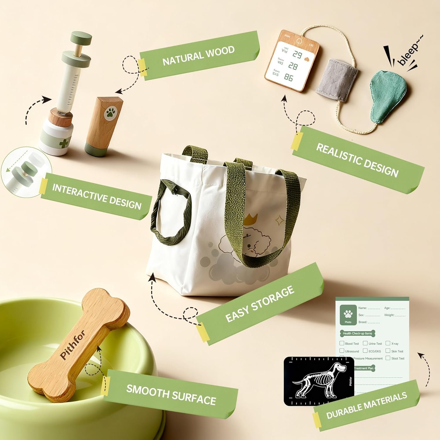 Wooden Doctor Kit for Kids Toddlers, Vet Play Set, Pretend Play Veterinarian Set, Doctor Toys Gift for Boys Girls 3 4 5 6 - Image 2