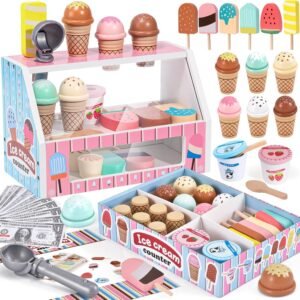 Wooden Ice Cream Toys Kids Kitchen Play Store for Toddlers Girls, Play Kitchen Accessories with Scoop & Menu & Fake Money, Wooden Toys for 3 4 5 Year Old Girls Boys Birthday