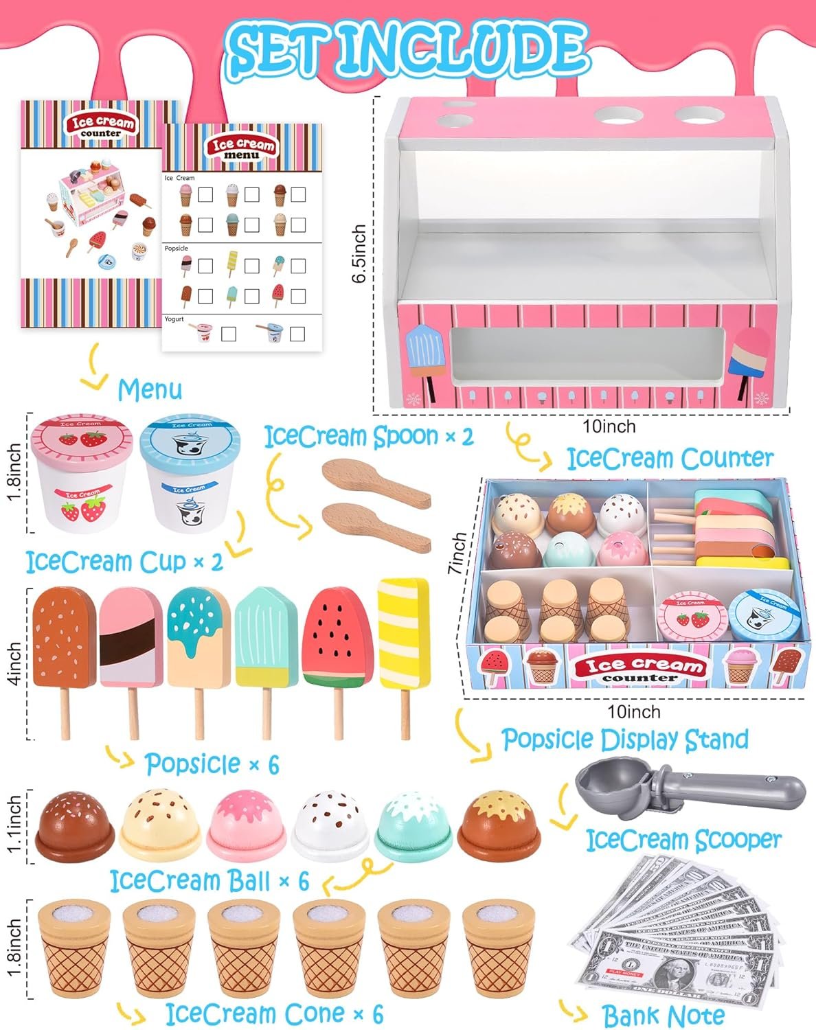 Wooden Ice Cream Toys Kids Kitchen Play Store for Toddlers Girls, Play Kitchen Accessories with Scoop & Menu & Fake Money, Wooden Toys for 3 4 5 Year Old Girls Boys Birthday - Image 2