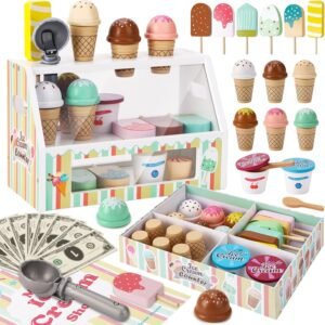 Wooden Ice Cream Toys for Kids Pretend Play Kitchen Food Toys with Scoop & Menu & Fake Money, Ice Cream Counter Shop Playset for 3 4 5 6 Year Old Girls Boys Birthday Gifts