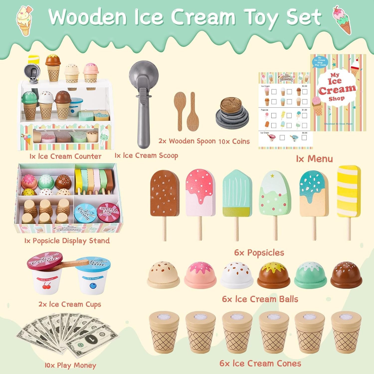 Wooden Ice Cream Toys for Kids Pretend Play Kitchen Food Toys with Scoop & Menu & Fake Money, Ice Cream Counter Shop Playset for 3 4 5 6 Year Old Girls Boys Birthday Gifts - Image 2