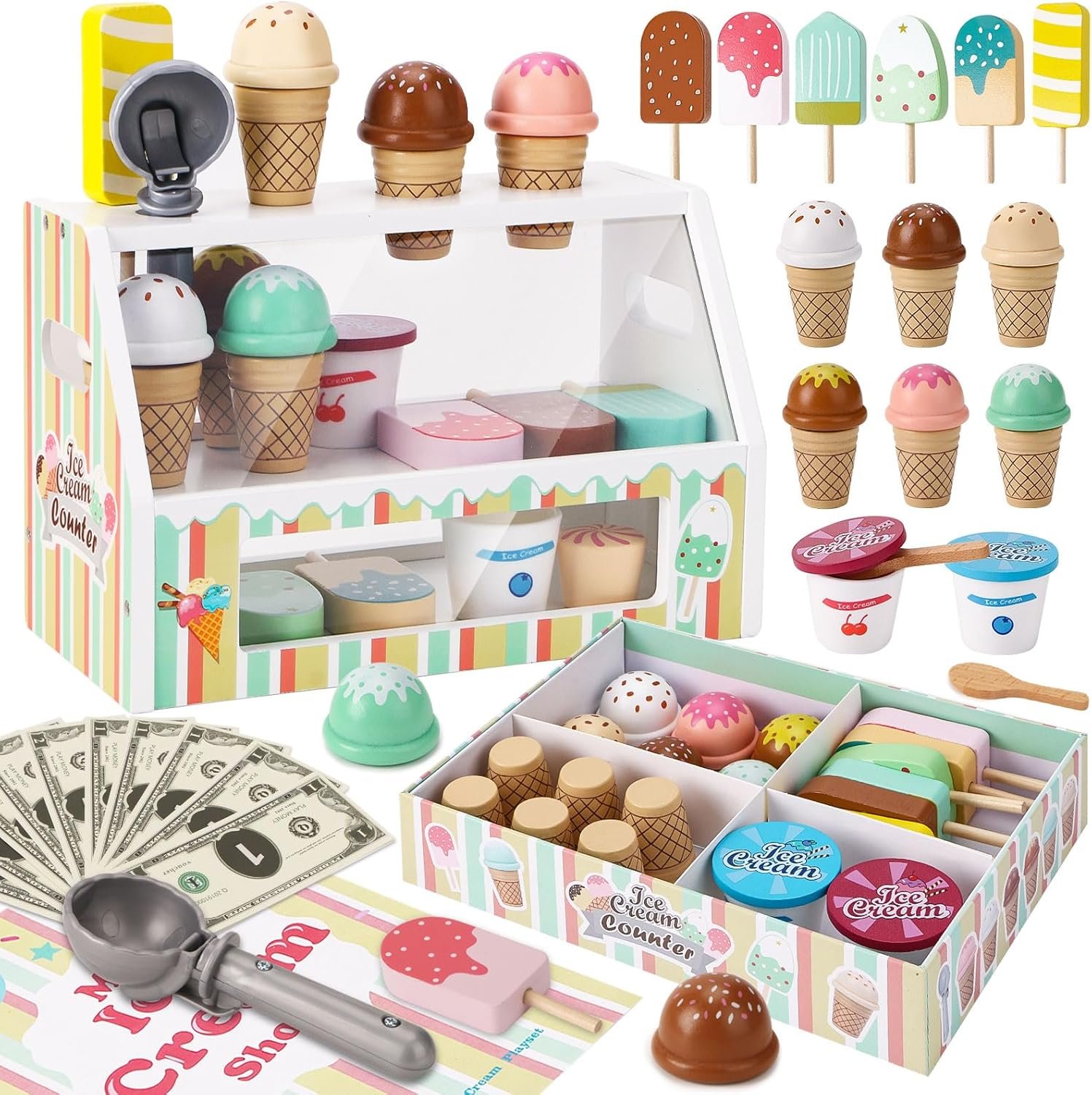Wooden Ice Cream Toys for Kids Pretend Play Kitchen Food Toys with Scoop & Menu & Fake Money, Ice Cream Counter Shop Playset for 3 4 5 6 Year Old Girls Boys Birthday Gifts