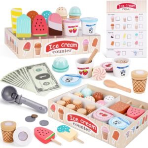 Wooden Ice Cream Toys for Toddlers 3-5, Kids Wooden Toys Play Kitchen Accessories, Play Food Sets for Kids Kitchen, Pretend Play Toys Gifts for 3 4 5 Year Old Girls Boys Birthday Christmas