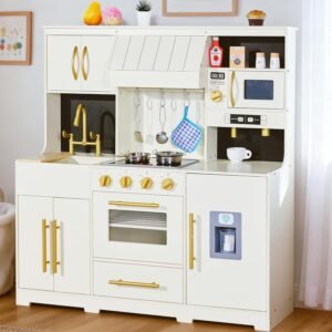 Wooden Kids Kitchen Playset with Realistic Appliances and Storage, Lights & Sounds, 19Pcs Accessories - Interactive Pretend Play Set, Learning Toy Gift for Boys & Girls Ages 3+