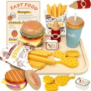 Wooden Play Food Set for Kids, Pretend Fast Food Playset, Wooden Hamburger French Fries Toy, Play Kitchen Accessories for Toddlers, Educational Toys Gift for Boys Girls