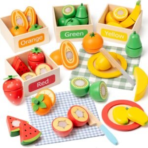 Wooden Play Food Sets for Kids Kitchen Accessories, Velcro Fruit and Veggies Cutting Set for Kids, Pretend Play Food for Toddlers, Montessori Color Sorting Toys for Girls Boys