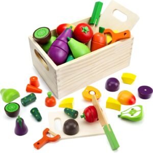 Wooden Play Food Sets for Kids Kitchen - Cutting Fruits and Veggies Toddler Toys Pretend Food Play Kitchen Accessories Montessori Educational Toys Gifts for Kids Boys Girls 3+