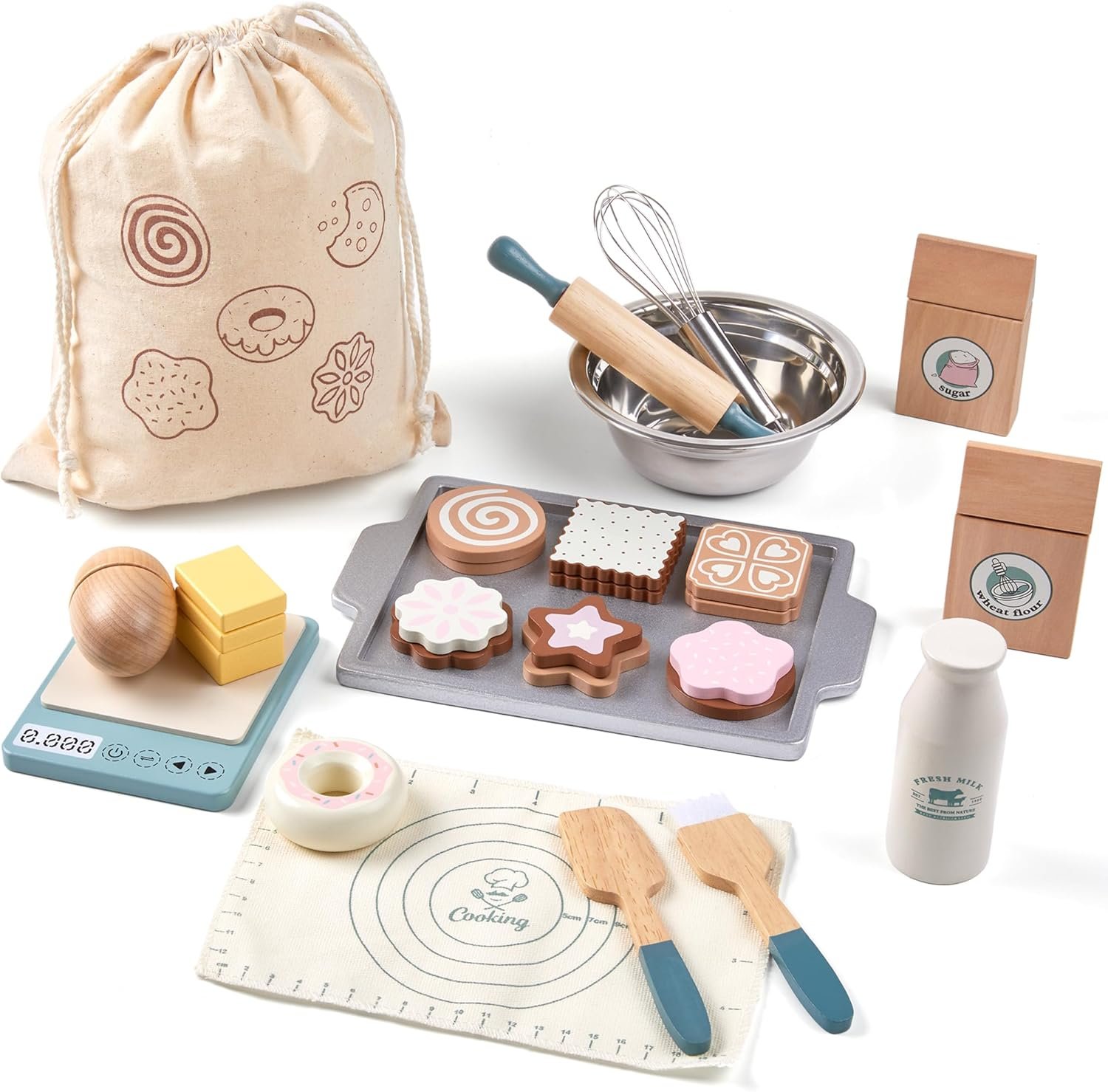 Wooden Play Food Sets for Kids, Pretend Play Kitchen Accessories with Shopping Bag, Cutting Toys, Gift for Boys and Girls Ages 3-6