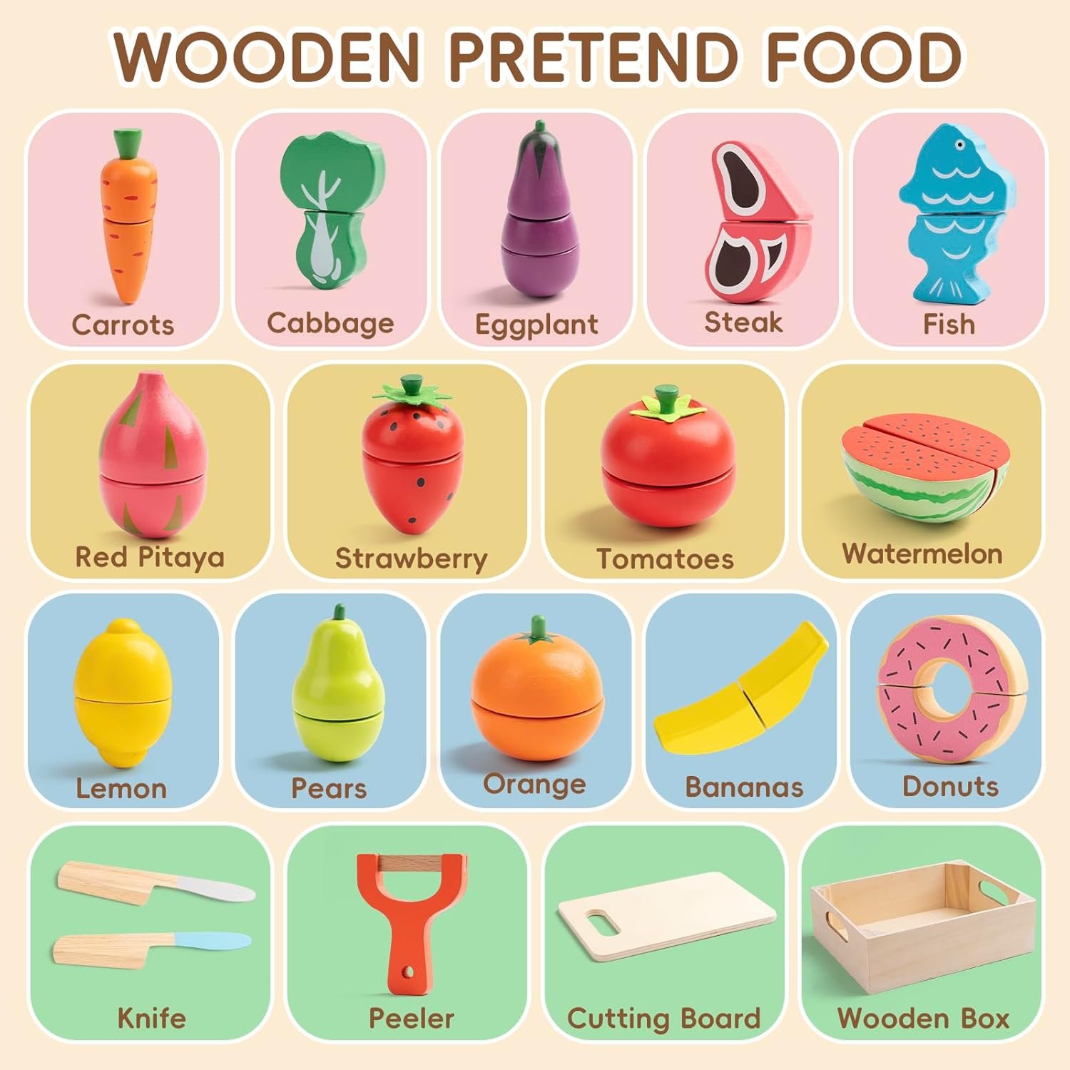 Wooden Play Food for Toddlers - 34Pcs Velcro Fruit and Veggies with Basket & Chopping Board, Play Food Sets for Kids Kitchen Accessories, Cutting Fruit Set for Ages 3+ - Image 2