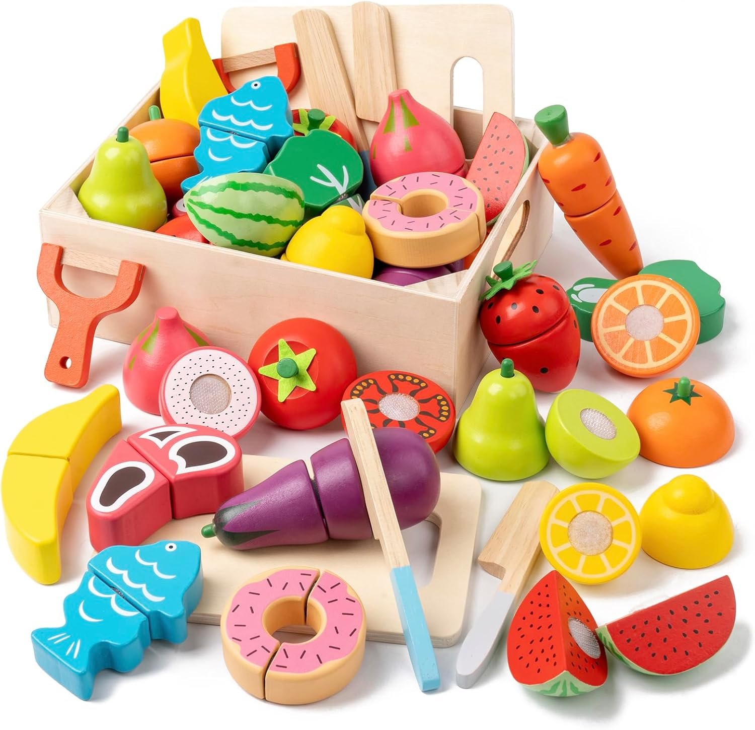 Wooden Play Food for Toddlers - 34Pcs Velcro Fruit and Veggies with Basket & Chopping Board, Play Food Sets for Kids Kitchen Accessories, Cutting Fruit Set for Ages 3+